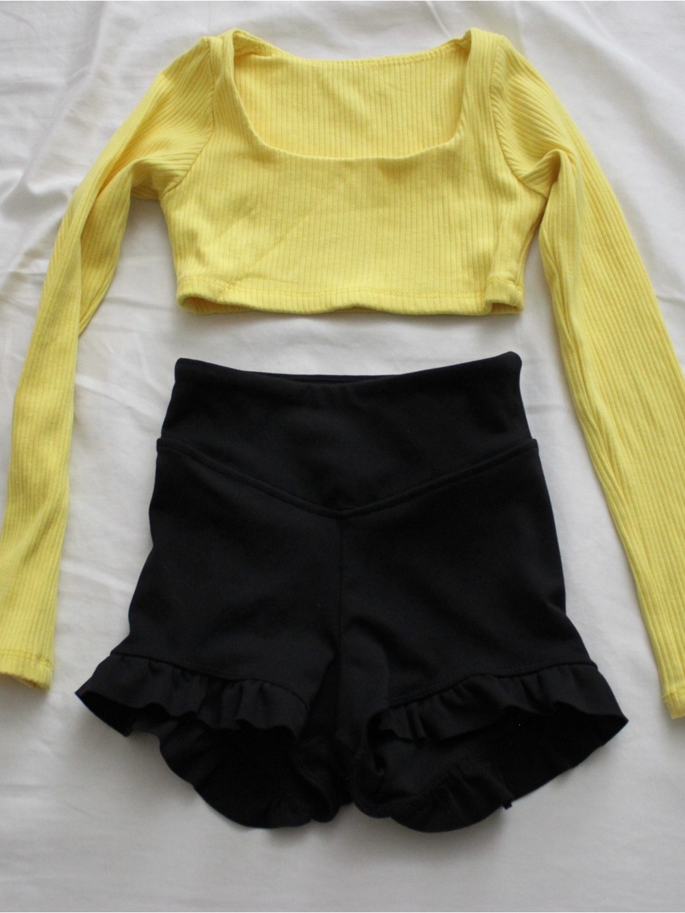 Tiger Friday Yellow Ribbed Long-Sleeve Crop Top & Black Ruffle Shorts